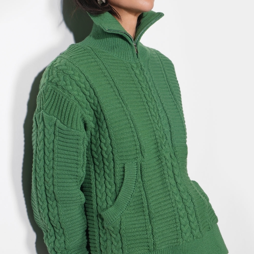 Greylin Forest Green Cable Knit Turtleneck Sweater Zipper Detail - Picture 3 of 6